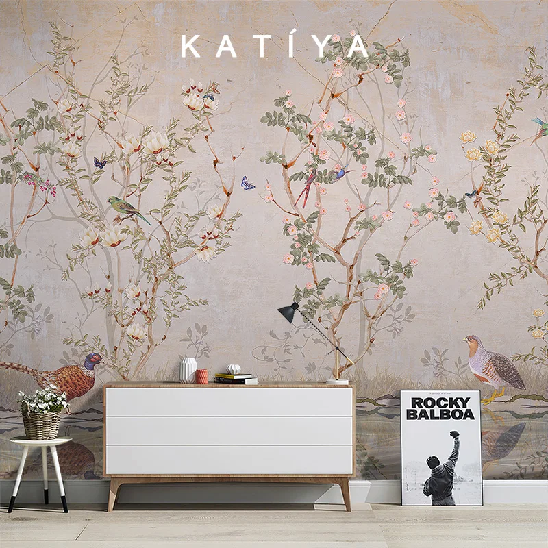 Customized products Customized products flower and bird wallpaper new Chinese pastoral flower living room bedroom sofa background wall hotel mural