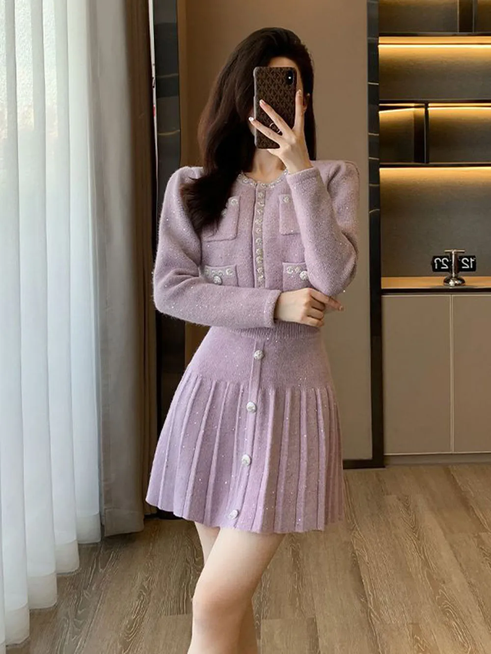 Women\'s Elegant Knitted 2pc Set Spring Autumn Long Sleeve Beading Single Breasted Snap Fastener Top+Elastic Waist Pleated Skirt