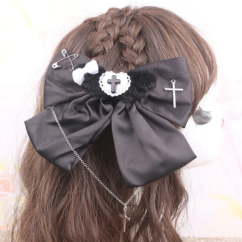 Big Bow Hairpin with Cross Black Sweet Punk Y2K Hair Clip Handmade Bow Lolita Gothic Style Rhinestone with Cool Chain