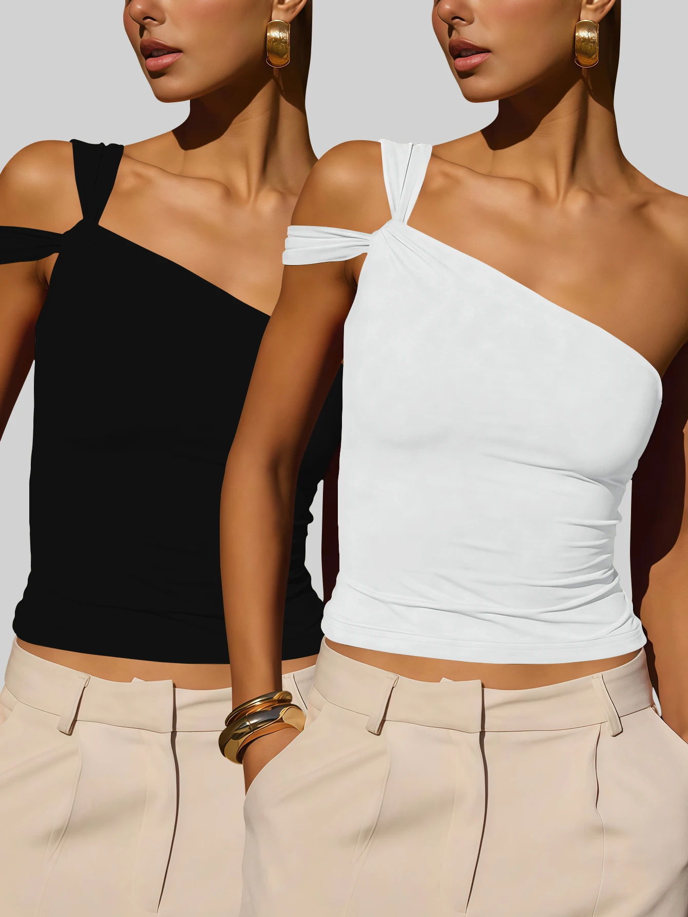 

Комплект из 2 женских топов в европейском и американском стиле: дизайнерский, облегающий, уникальный, асимметричный топ-бандо с открытым плечом, сексуальный и универсальный