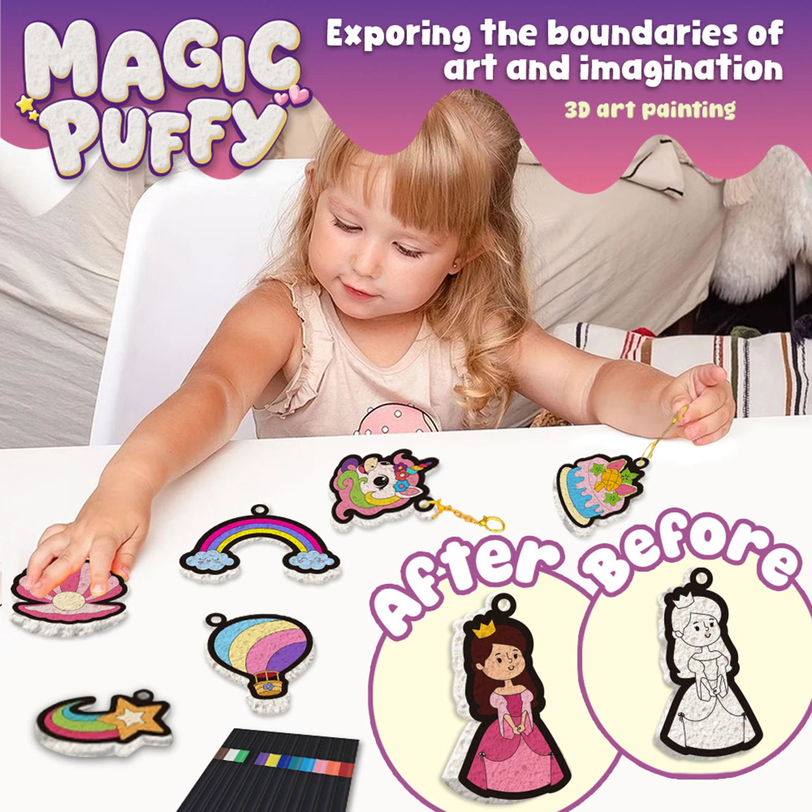 Magic Foam Texture Painting Kit Paint by Number Craft Sponge Canvas Art Supplies 3D Puff Art Kit Gift for Girls Boys Ages 3-10
