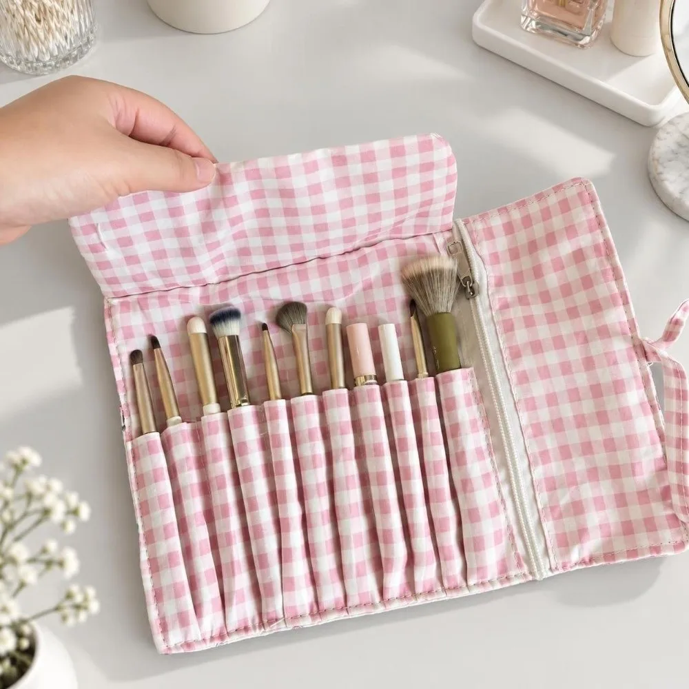 Multi-Slot Makeup Brush Roll Bag Grid Pattern Ribbon-Tie Cosmetic Brush Pouch Portable Lightweight Brush Storage Wrap