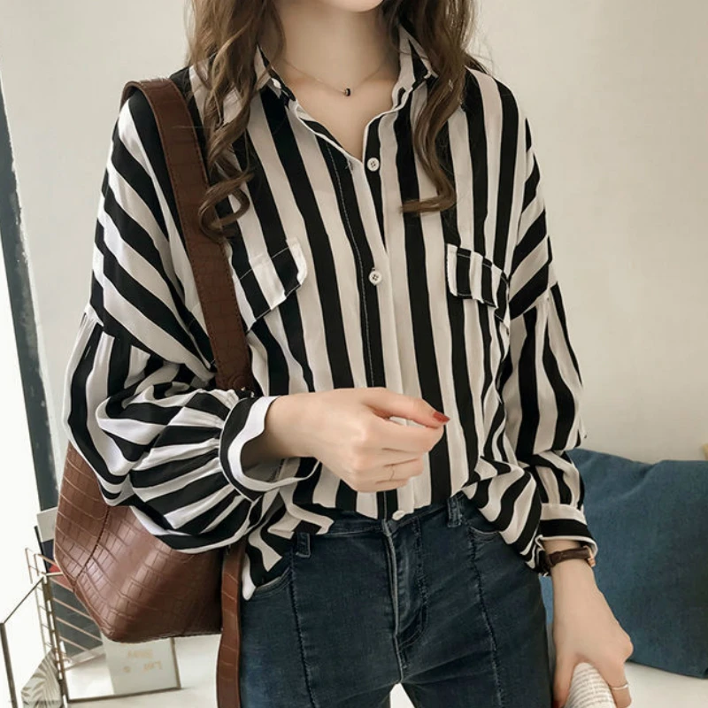 Shirts Women Spring Long Sleeve Striped Pockets Leisure All-match 4XL Loose OL Chic Elegant Korean Style BF New Fashion Daily