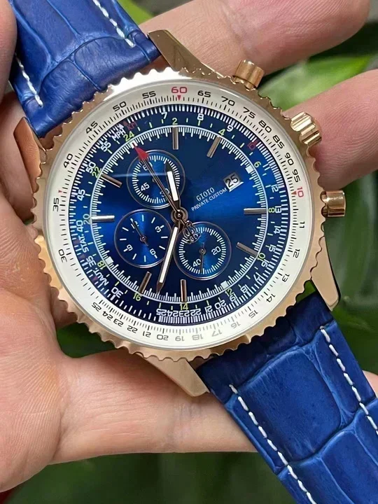 Luxury New Mens Quartz Chronograph Watch GMT 7 Hands Stainless Steel Black Blue Rose Gold Watches