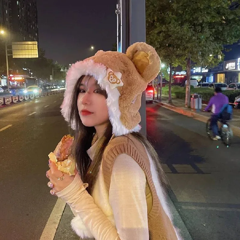 Cartoon New Plush Hat Soft Cute Girl Little Bear Cute Ear Protection Warm Hat Winter Women Lolita Jk Fashion Accessory 2023