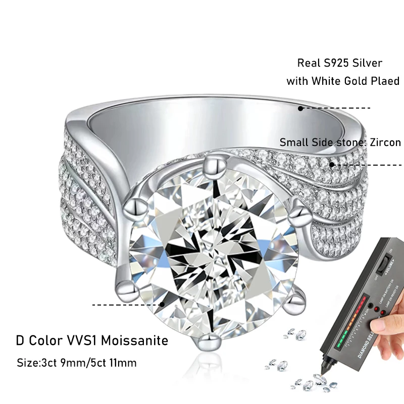 Tezzc 3CT 5CT D Color Round Moissanite Engagement Ring S925 Silver Twisted Pave Band Luxury Wedding Ring Women Bridal Jewelry