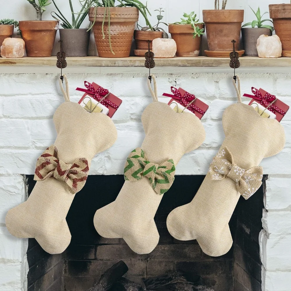 

Dog Bone Christmas Stockings Large Line Pet Stockings With Bowknot Burlap Fireplace Hanging Gift Bags For Christmas Decorations