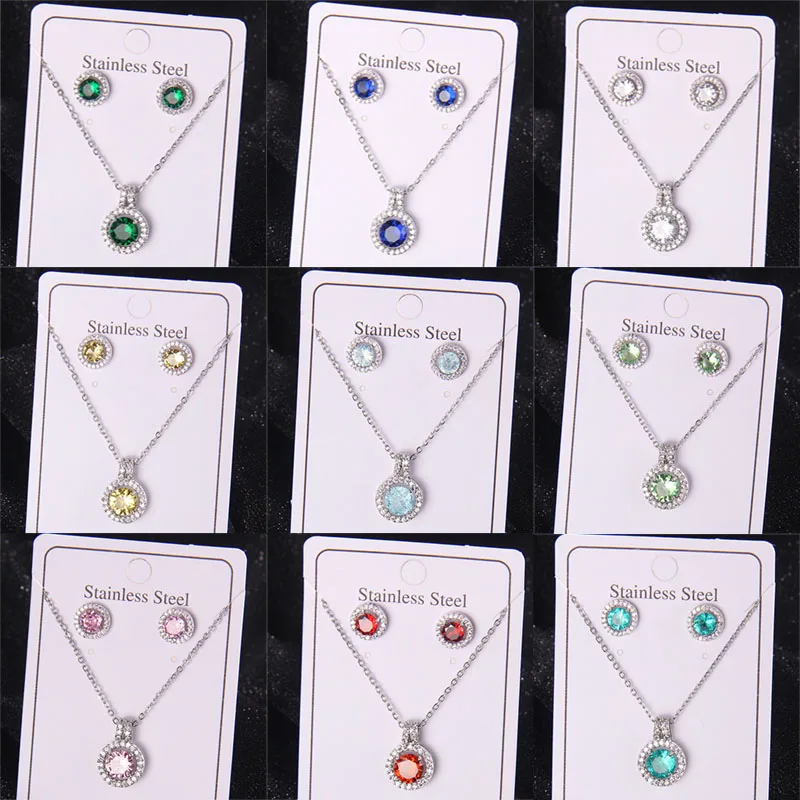 High Grade Round Zircon Jewelry Set Trendy Popular Stainless Steel Pendant Necklace Stud Earrings Party Gifts For Women Girls