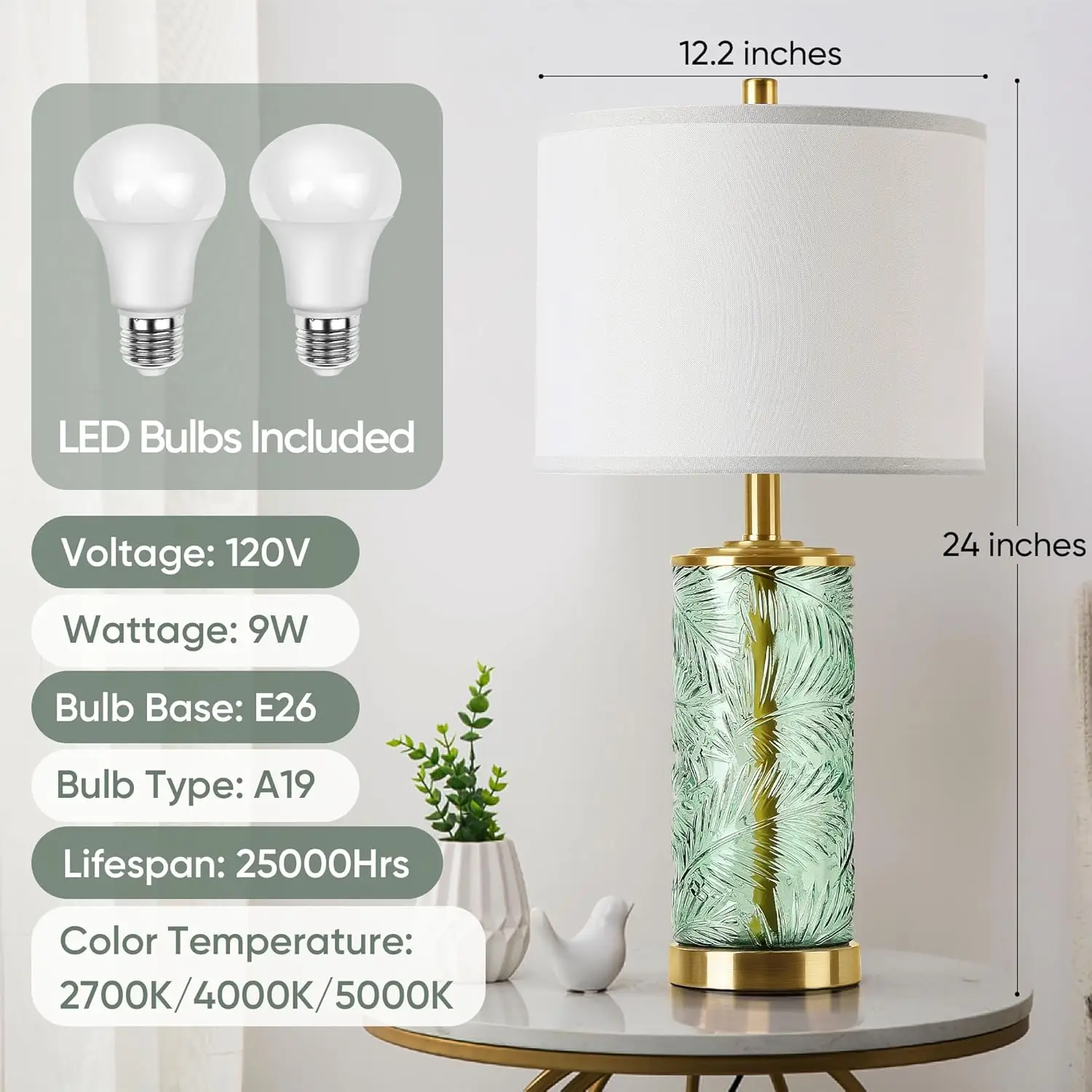 

Qimh Glass Table Lamp Set Of 2, Modern Gold Bedside Lamp With Stereo Palm Leaves Vein Glass For Living Room, Green Nightstand