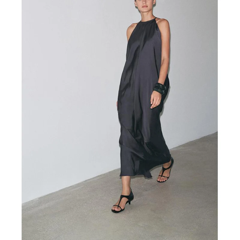 Sommer Damen Fro Seidensatin Stoff Svel Dr Plissee Dekorativer Kragen Viskose Gemischtes Langes Kleid Pendeln Sle Loose...