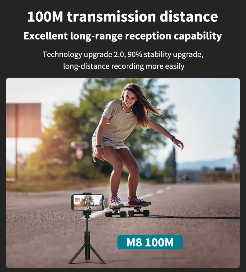 LUXCEO-M8 Microfone Lavalier sem fio com estojo de carregamento, microfone lapela, áudio, gravação de vídeo, entrevista, iOS, Android