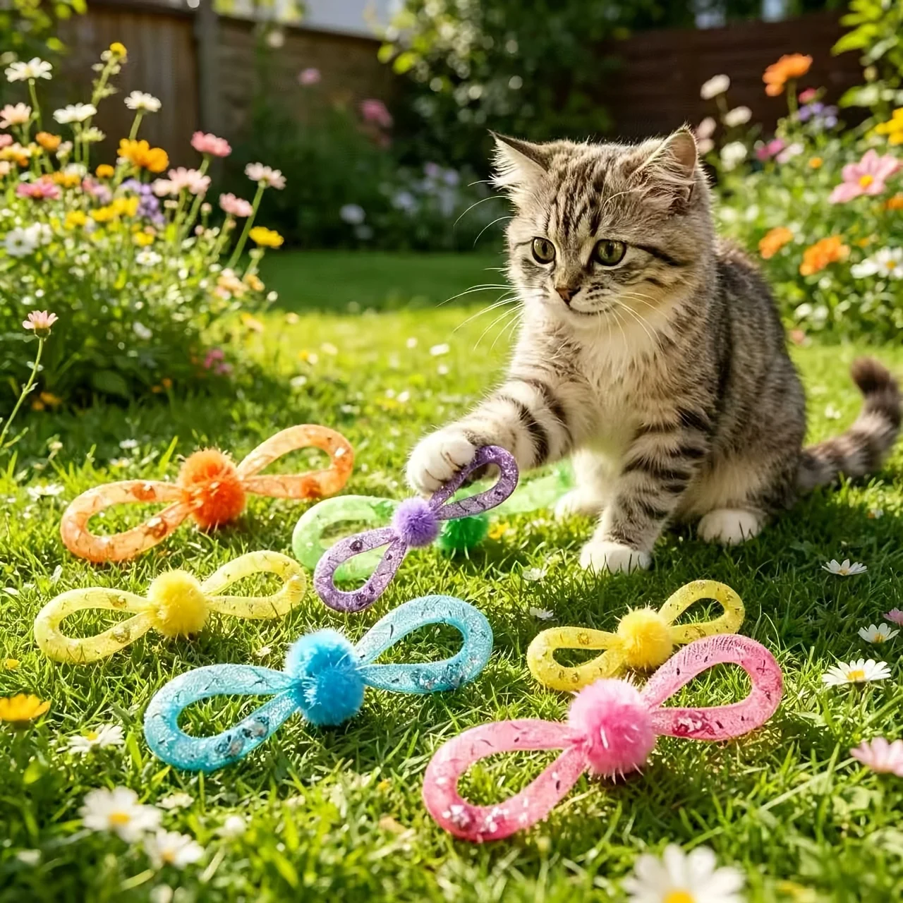 6pcs Colorful Bowknot Pom-pom Cat Toys, Interactive Chew Toys for Indoor Cats,Bite-Resistant Assorted Color Kitten Teething Toys