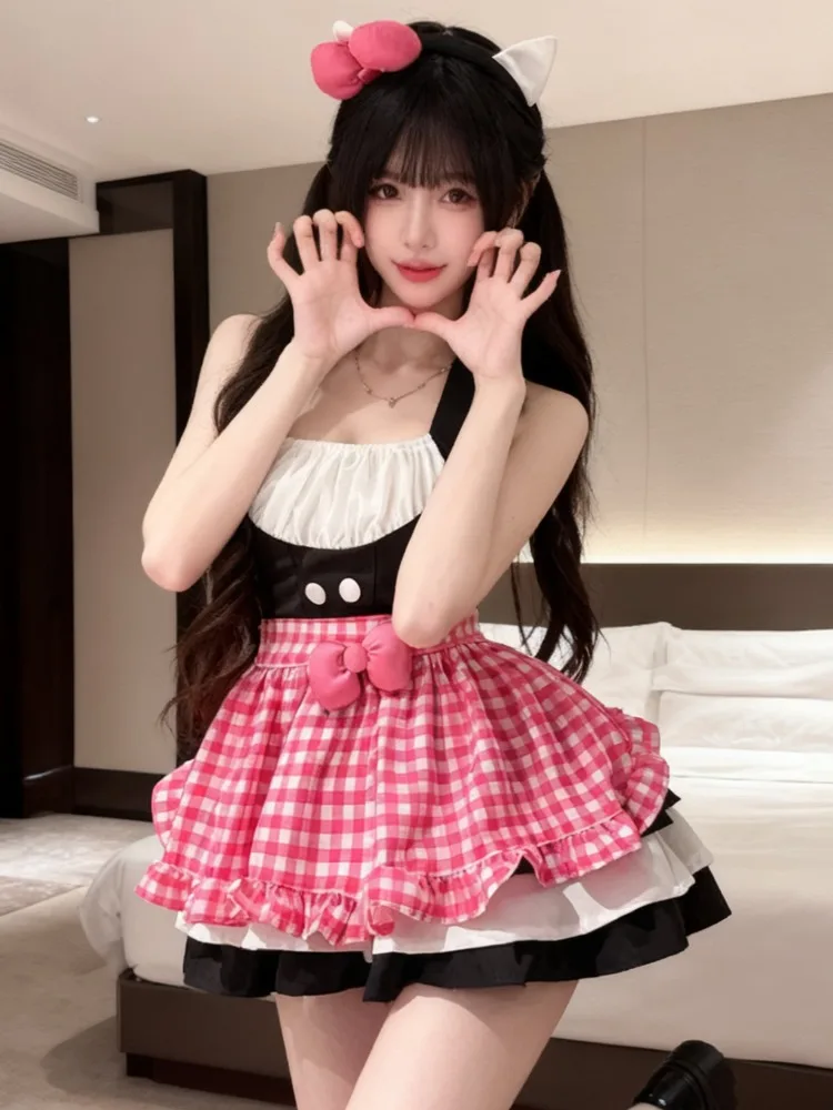 

Sexy Spicy Girl Pure Desire Cute Girl Hanging Neck Dress Puffy Skirt Plaid Apron Splice Knot Set Korean Style Commute