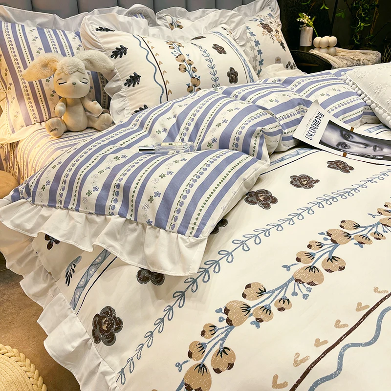 

Four-Piece Cotton Bedding Twill Floral Printing and Dyeing Flounce Double-Sided Color Three-Piece Bed Sheet1.8MQuilt Cover Sheet