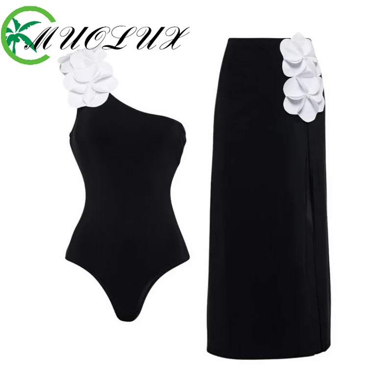 

MUOLUX 2024 Sexy Women's Swimsuit New 3D Flower Single Shoulder Strap Black White One-piece Swimsuit Wrapped Skirt Two-piece Set