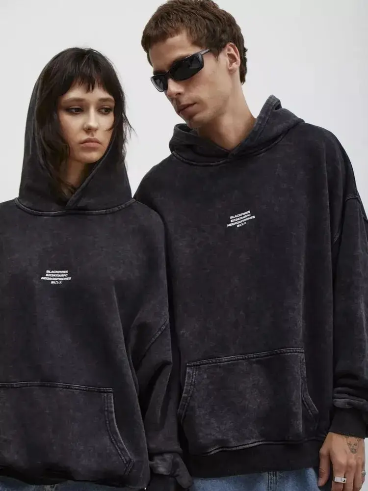 Felpe con cappuccio grafiche con lettere divertenti alla moda di strada russa Felpa oversize nera lavata invecchiata Coppie hip-hop punk grunge allentate