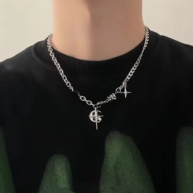 Unisex Black Gem Star Pendant Necklace European Hip Hop Streetwear Minimalist Fashion Niche Design Collarbone Neck Jewelry