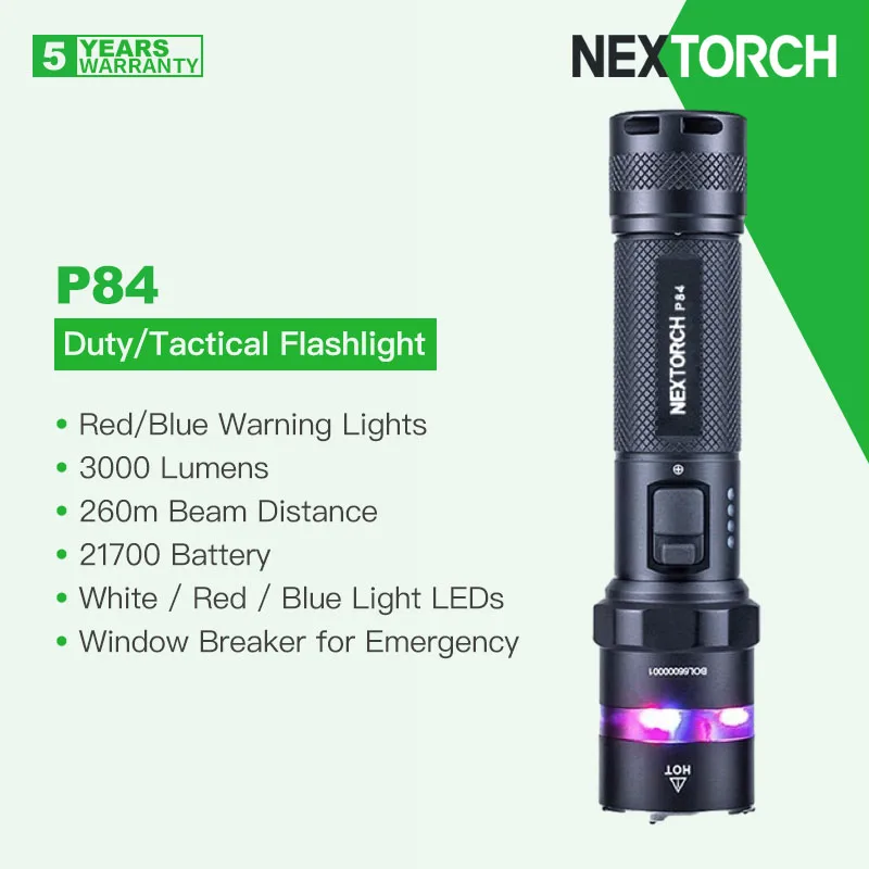 Nextorch P84 senter taktis/tugas daya tinggi dengan lampu peringatan merah/biru, baterai 3000 lumen 21700, dapat diisi ulang tipe-c