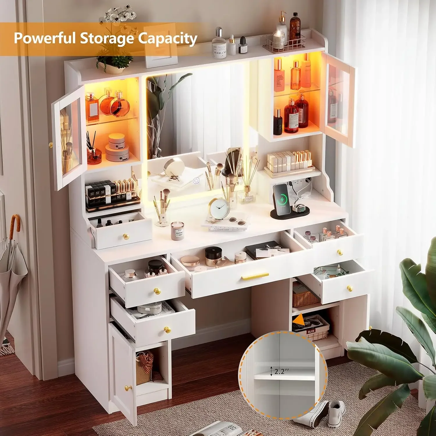 White Vanity Desk with Mirror, Lights and Charging Station - Large Makeup Table Set with RGB Cabinets and 3 LED Light Modes image 5