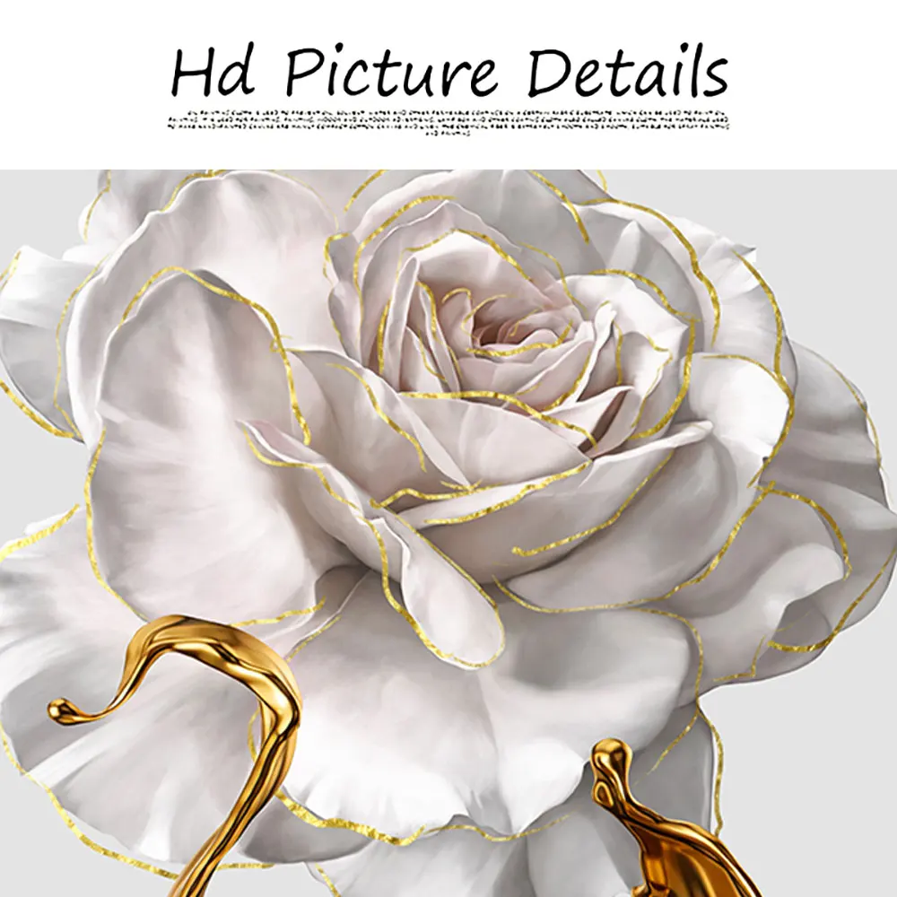 مجردة الأبيض زهرة الورد المشارك يطبع ، الذهب الحبر سبلاش جدار الفن ، قماش اللوحة لغرفة المعيشة الحديثة الديكور