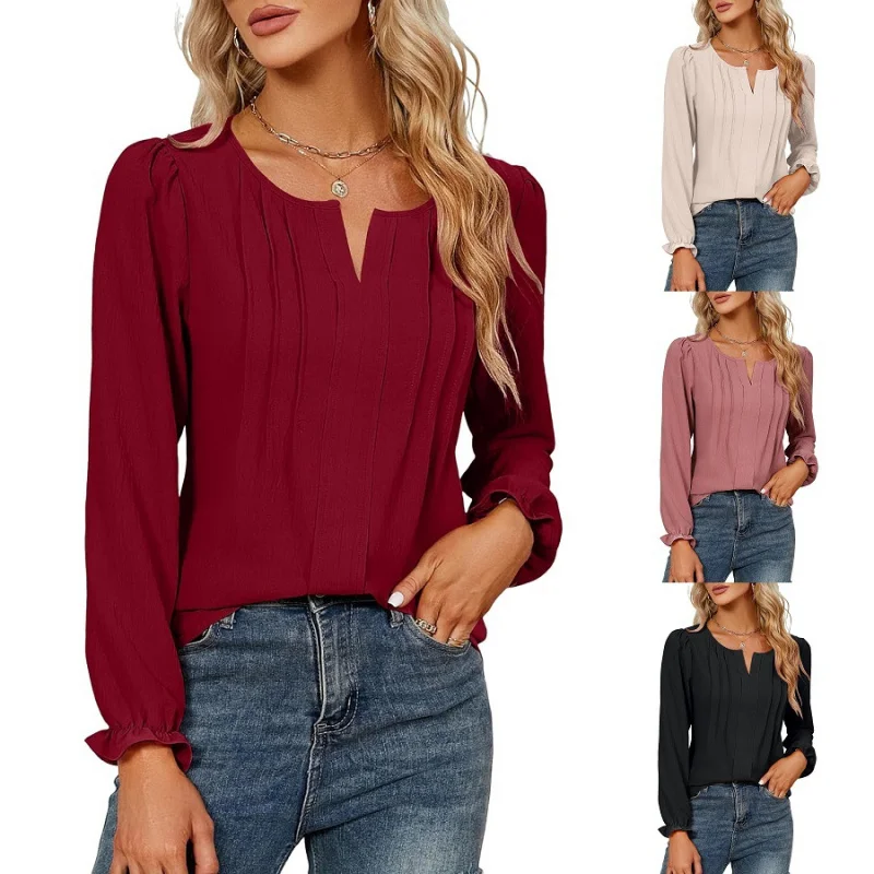 

European and american women's clothing2024Spring and Summer New Casual Solid ColorVCollar Long Sleeve Stripes Chiffon Blouse Top