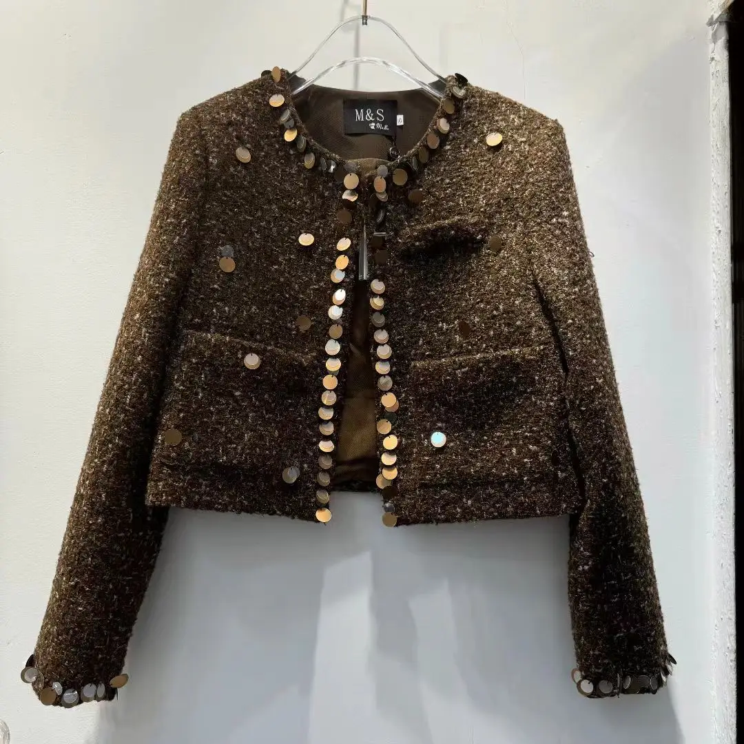 

2024 Fall Winter Brown Tweed Short Jacket for Women Elegant Round Neck Sequin Woven Blazer with Metallic Thread Chic Style