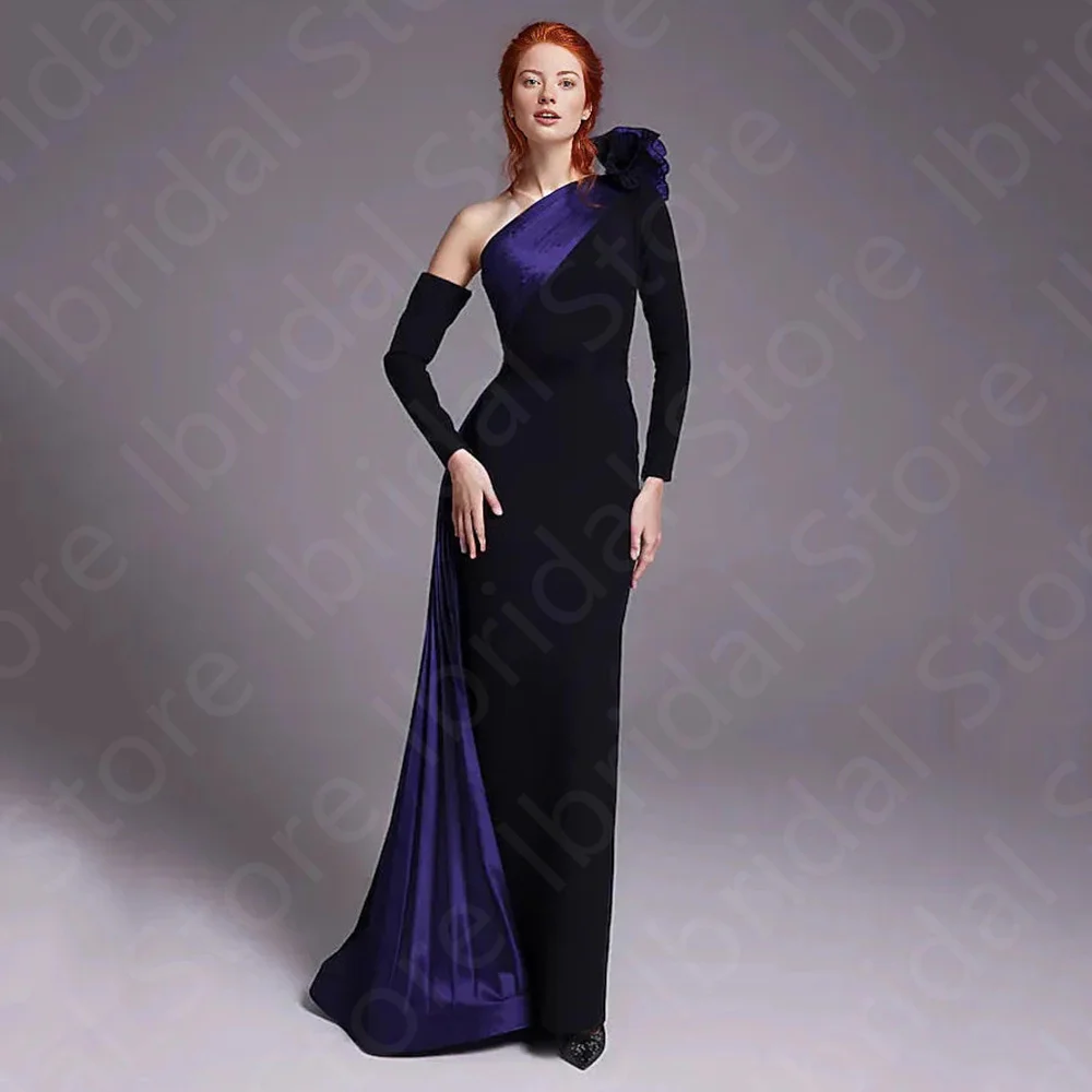 

Customized Latest Contrast Color Evening Dresses Black Prom Gowns Long Sleeves Wedding Guest Dresses 2025 Back Slit with Train