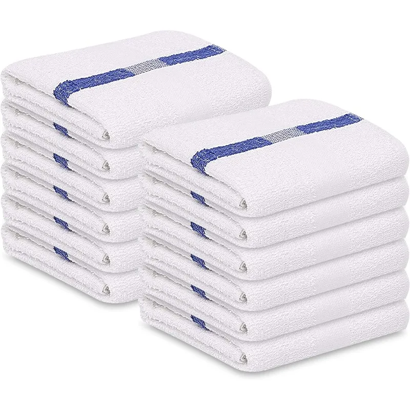 

Bulk Bath Towels White (22x44 Inches) Economy Grade Light Weight Easycare (12 - Blue Stripe)