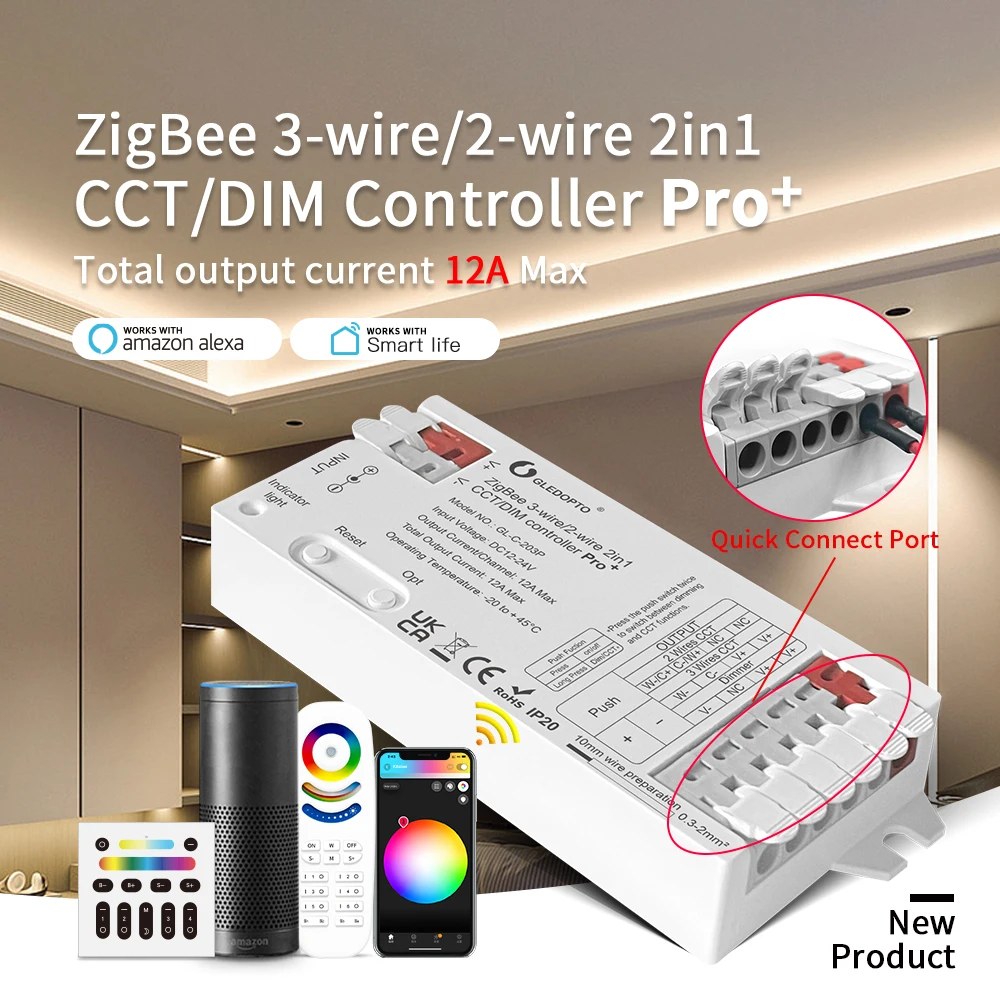 ZigBee 3.0 Pro+ 2in1 CCT Dimmer LED Strip Controller DC12-24V Max12A Hu*e Alexa Homey APP Control