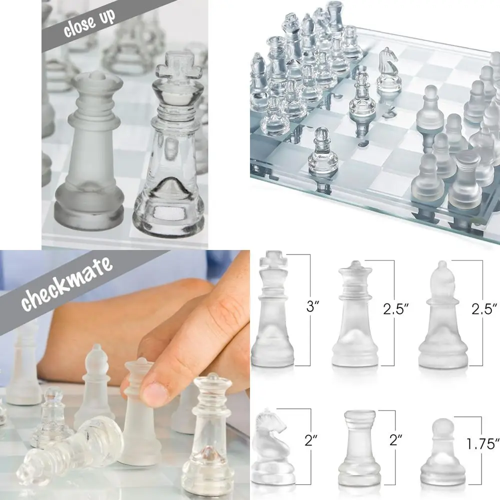 

14 Premium Glass Chess Set - Stylish & Durable - 32 Frosted & Clear Pieces - Felted Bases - Portable & Stable for Enthusiasts