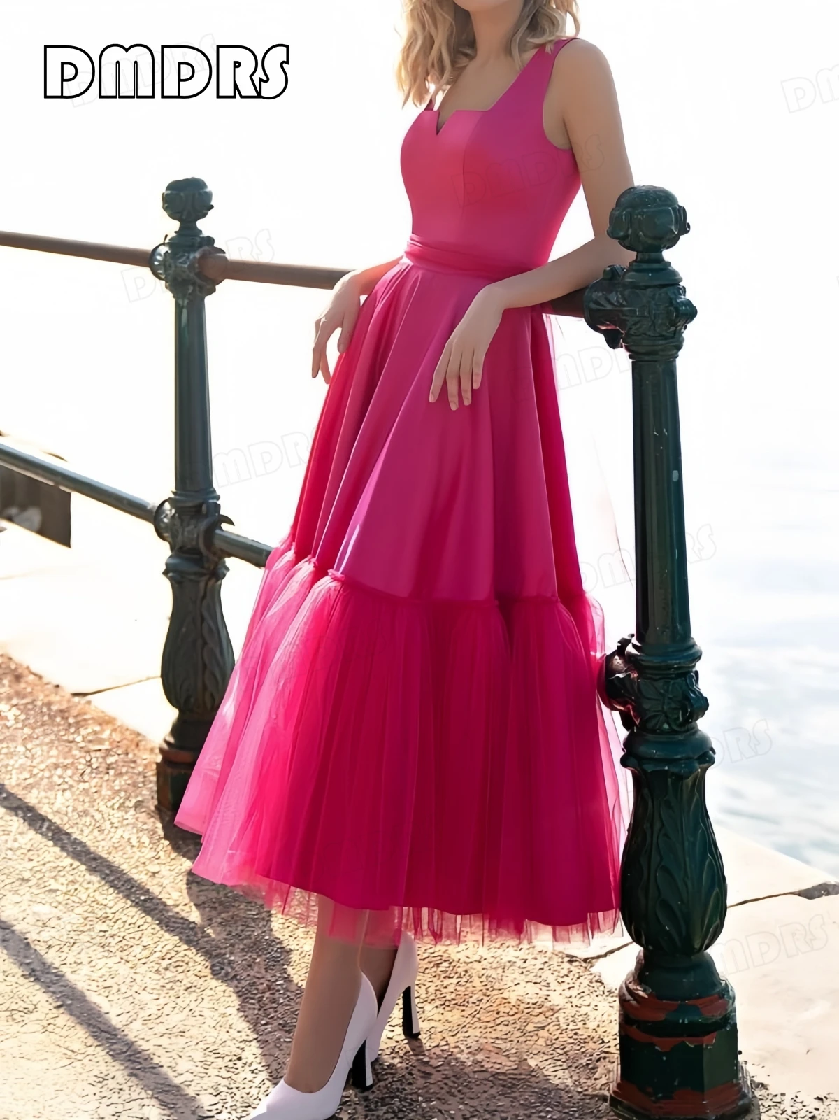 

Hot Pink Tulle Prom Dress for Women, Sleeveless Vacation Holiday Beach Dresses, Women's Tea-Length Formal Dress Party Gown