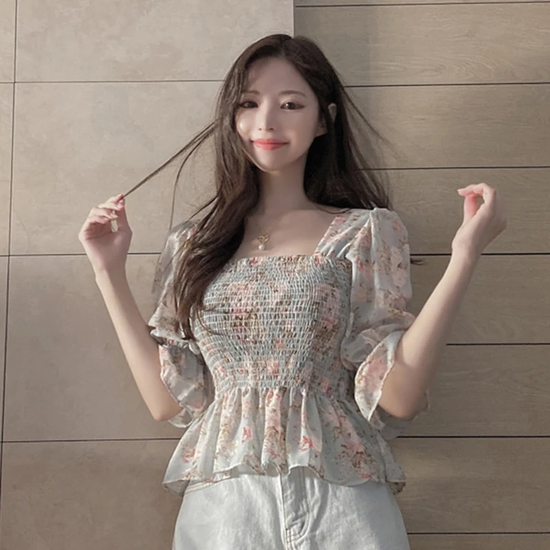 Sweet Flora Women Shirts Korean Chiffon Slim Ruffles Lantern Short Sleeve Female Blouse Summer New Fashion Folds Ladies Crop Top