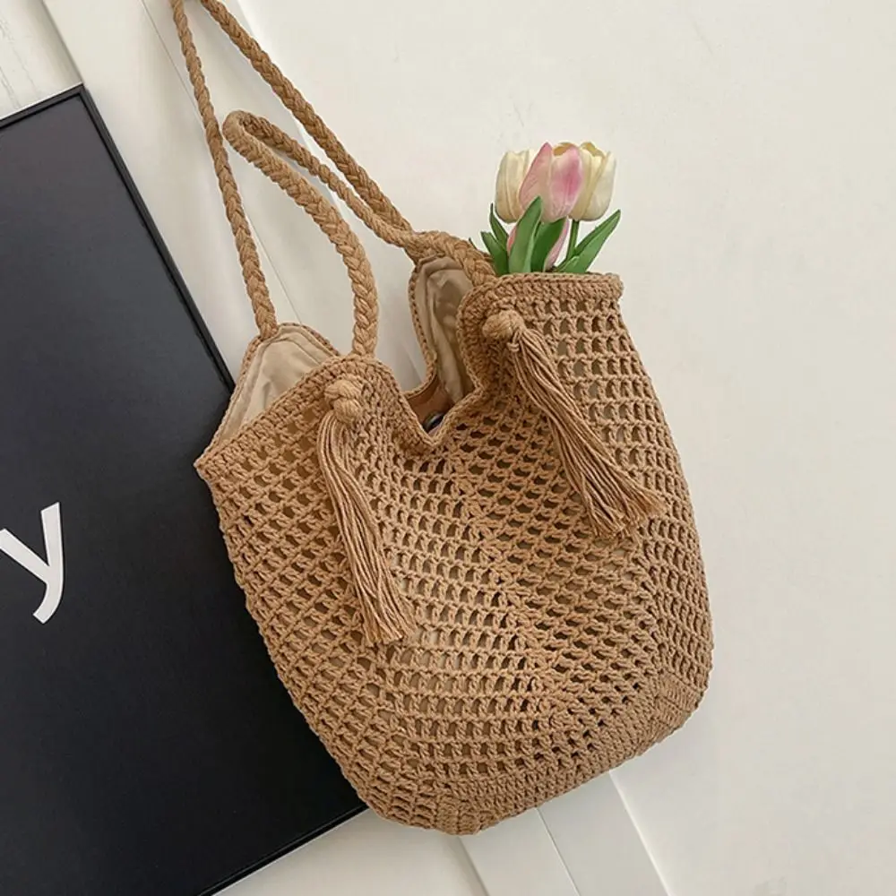 

Портативная соломенная вязаная сумка на плечо, ажурная сумка в богемном переплетении, милая пляжная сумка для отдыха, пляжная сумка