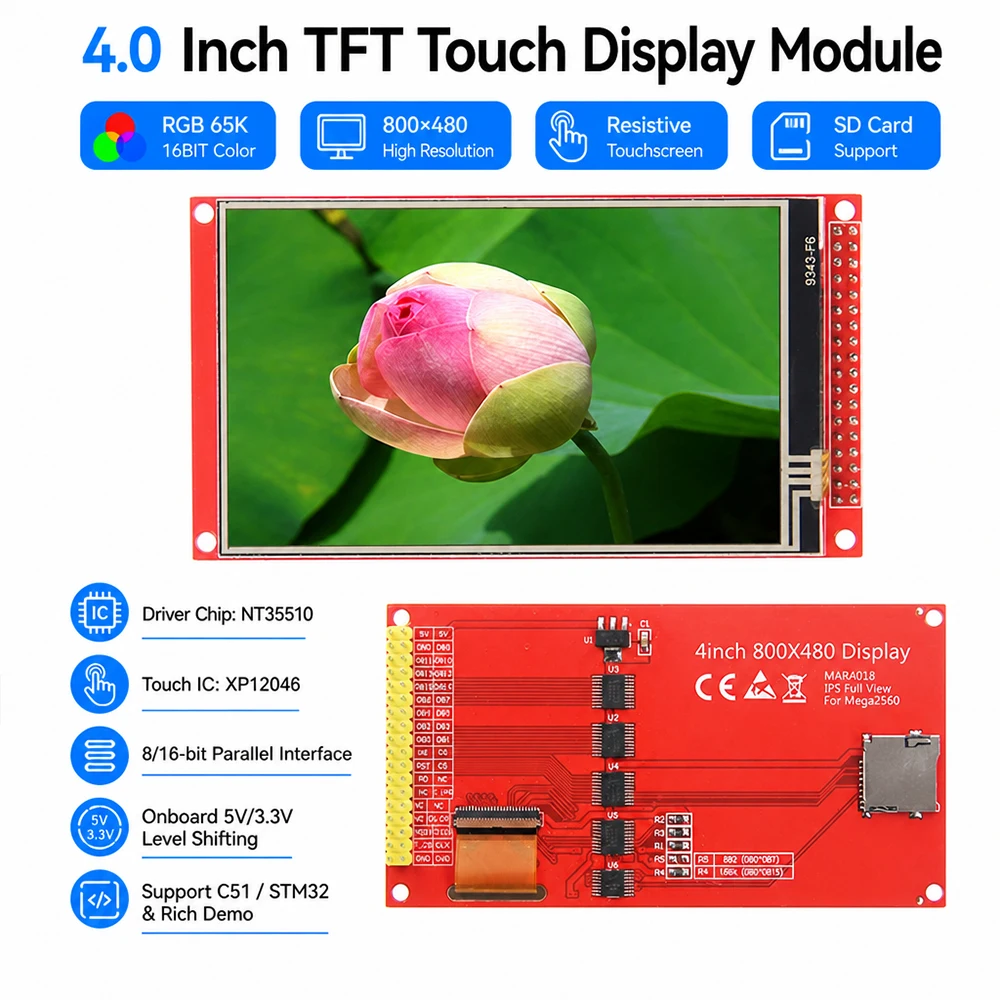 4.0 Inch 800x480 TFT Color Display Module 16-bit RGB 65K, Resistive Touch 5V/3.3V Compatible Support SD Slot for Arduino STM32 C51