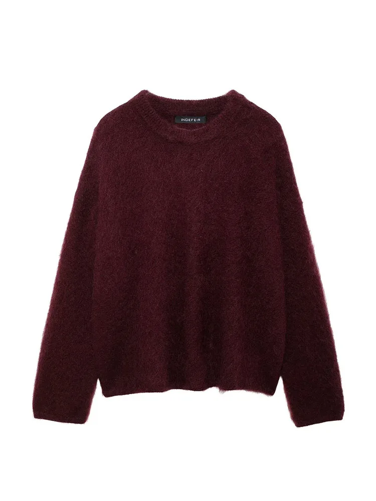 Hh feminino inverno novo sólido tamanho grande mohair misturado pulôver camisola feminina elegante solto quente tripulação pescoço camisola de malha