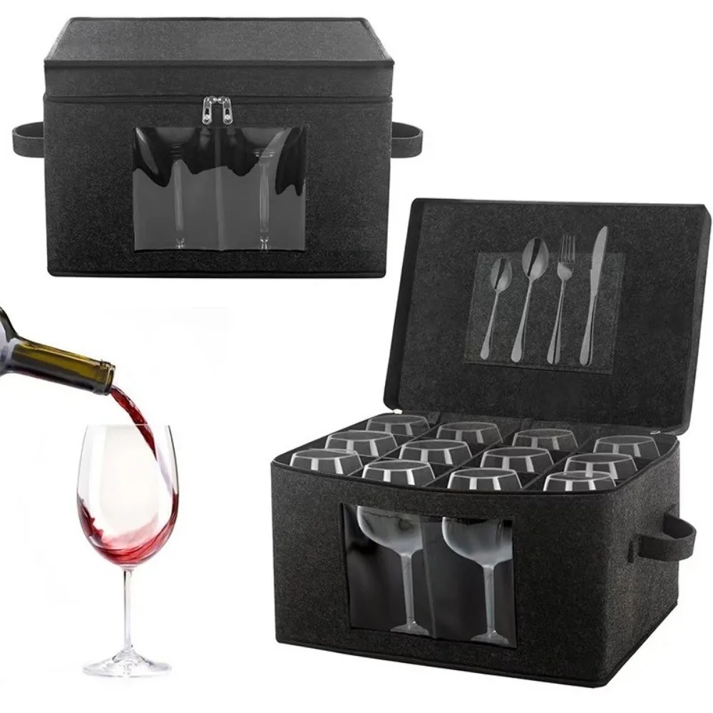 Felt Wine Glass Storage Box Hard Shell Folding 12 Goblet Finishing Box with Lid Space Saving Glassware Packing Box for Travel