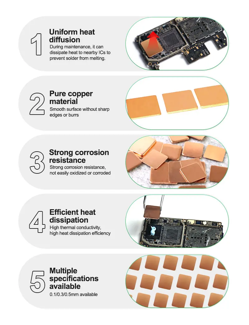 RELIFE RL-093A-B-C 50 buah CIP Heat Sink lembar tembaga Thermal Kit grafis kartu GPU CPU Heatsink termal bantalan tembaga 0.1/0.3/0.5mm