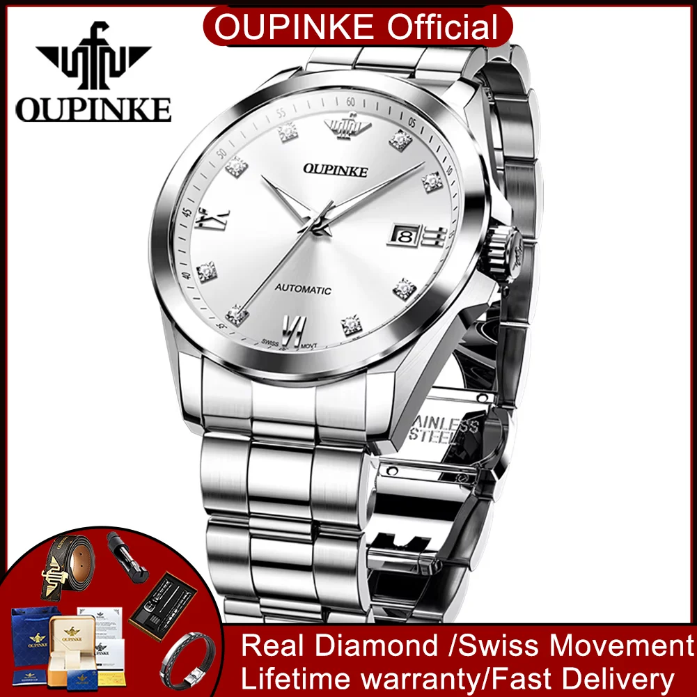 OUPINKE 3199 Man Watch Real Diamond Swiss Movement Automatic Mechanical Wrist Watch for Men High-end Luxury Original Men's Watch