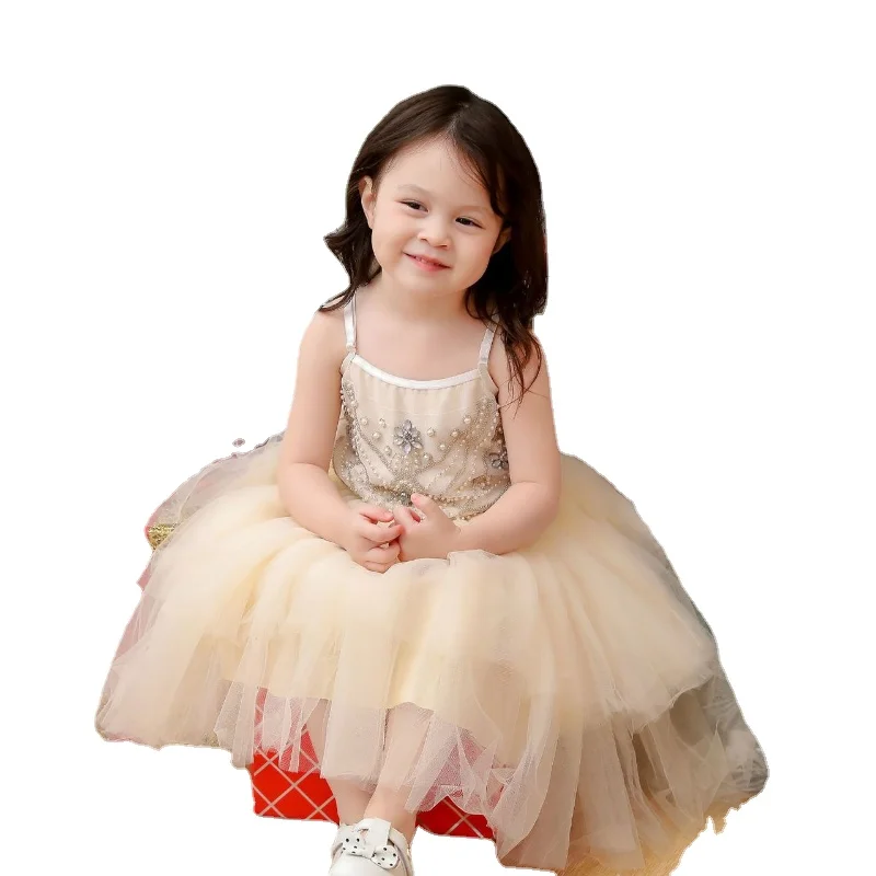 

Princess Dress Baby Girl Flower Dresses Birthday Party Clothing Manual Glittering Flutters Pearl Diamond Tulle Dance Dress CL337