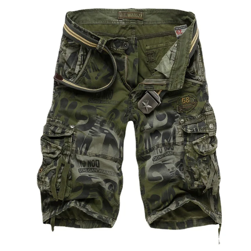 Men's Large Size Loose Tooling Camouflage Shorts Multi-pocket Five-point Medium Pants Letter-printed Shorts