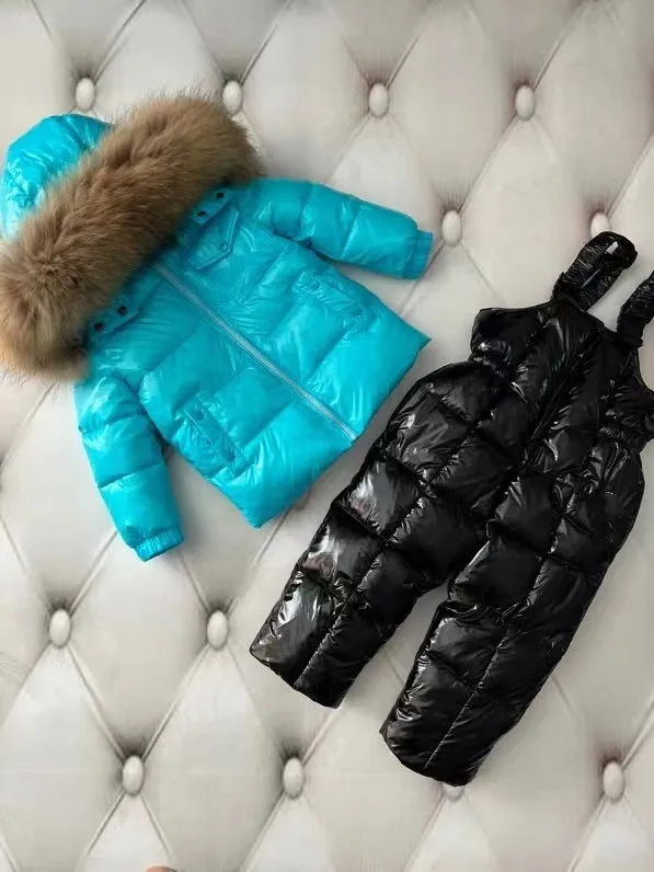 New 2022 Winter Jacket Children down jackets & pant duck down Brand Raccoon Fur hood girl snowsuit set outerwear ski suit Parka