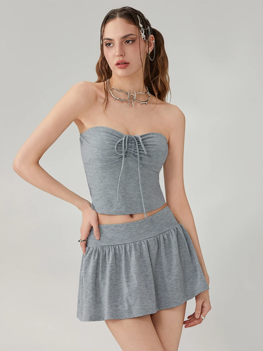 Women Skirt Set Tie-up Sleeveless Tube Top with Pleated Mini Skirt Summer Outfit