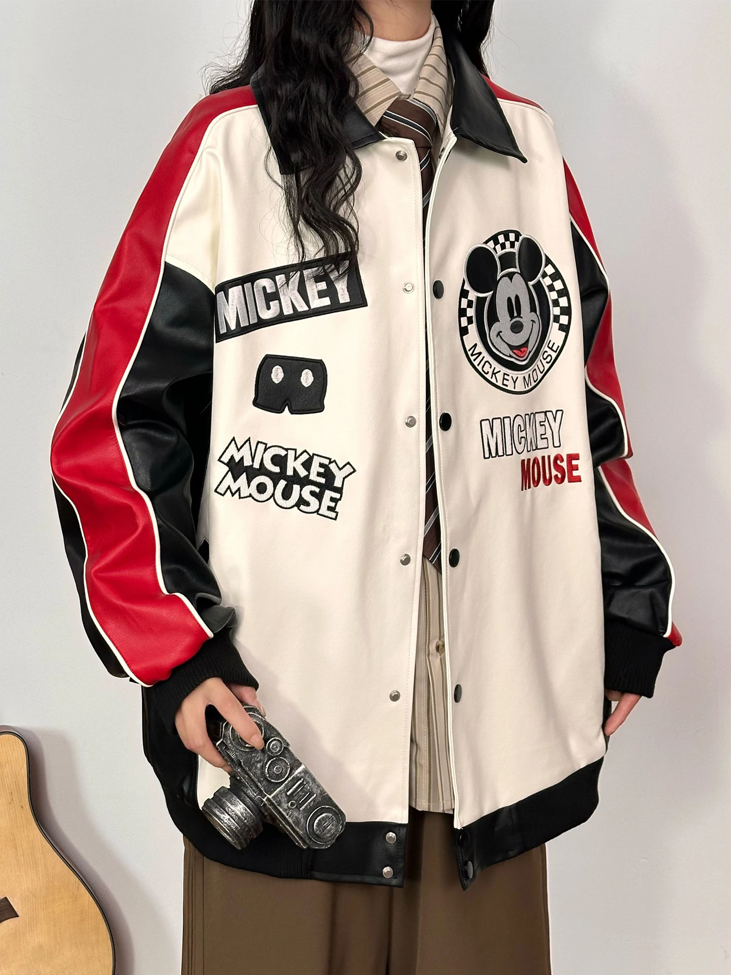 Americano retro dos desenhos animados bordado cor-bloco jaqueta de couro do plutônio para mulher solto casual único breasted casaco roupas femininas