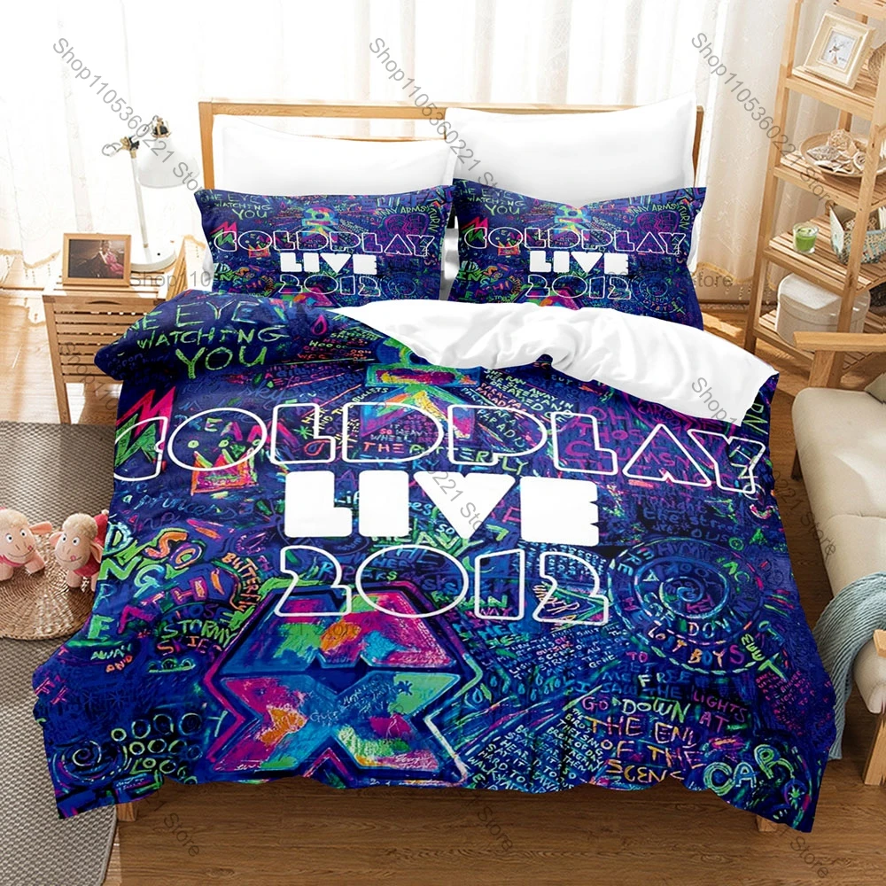 C-Colorful Coldplay Music Graphic Bedding Set Duvet Cover With 2 Pillowcases Teen Rock Fan Bedroom Decoration