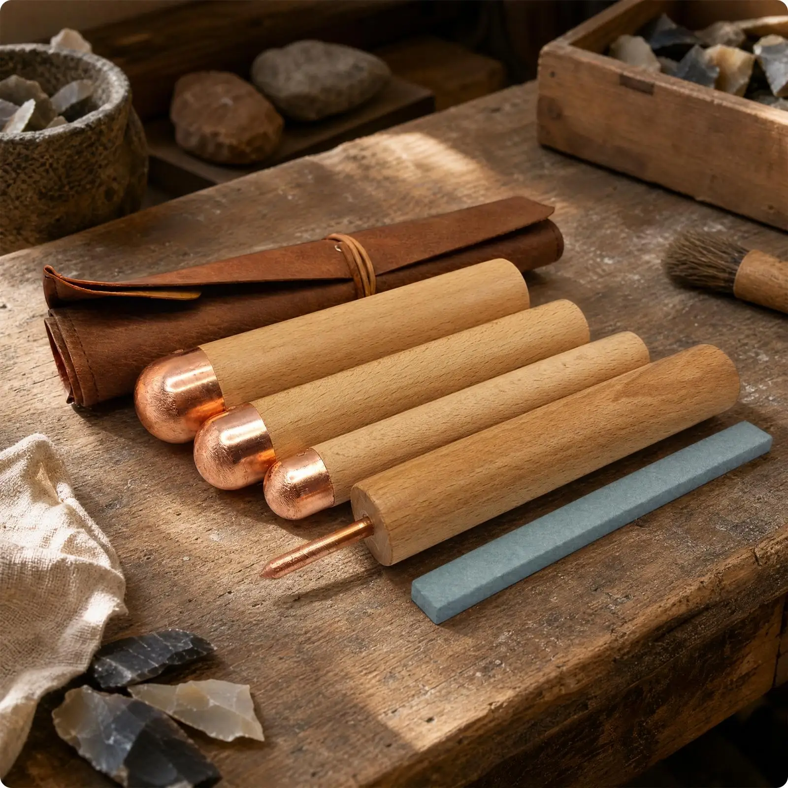 6 Pieces Stone Shaping Tool Set with Copper Striking Heads Balanced Stone Knapping Toolkit with Wooden Handles Complete Rock