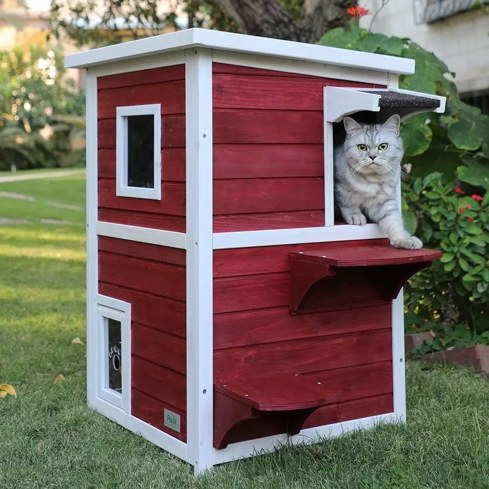 

Outdoor Cat House Bed Cats 2 Story Outside Cat Shelter Condo Enclosure With Escape Door for Stray Feral Cats Weatherproof Kennel