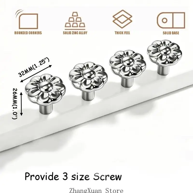 Runde Blumenknöpfe für Möbel, leuchtend silberne Schubladengriffe, 4er-Set 3XUF – Detail 6