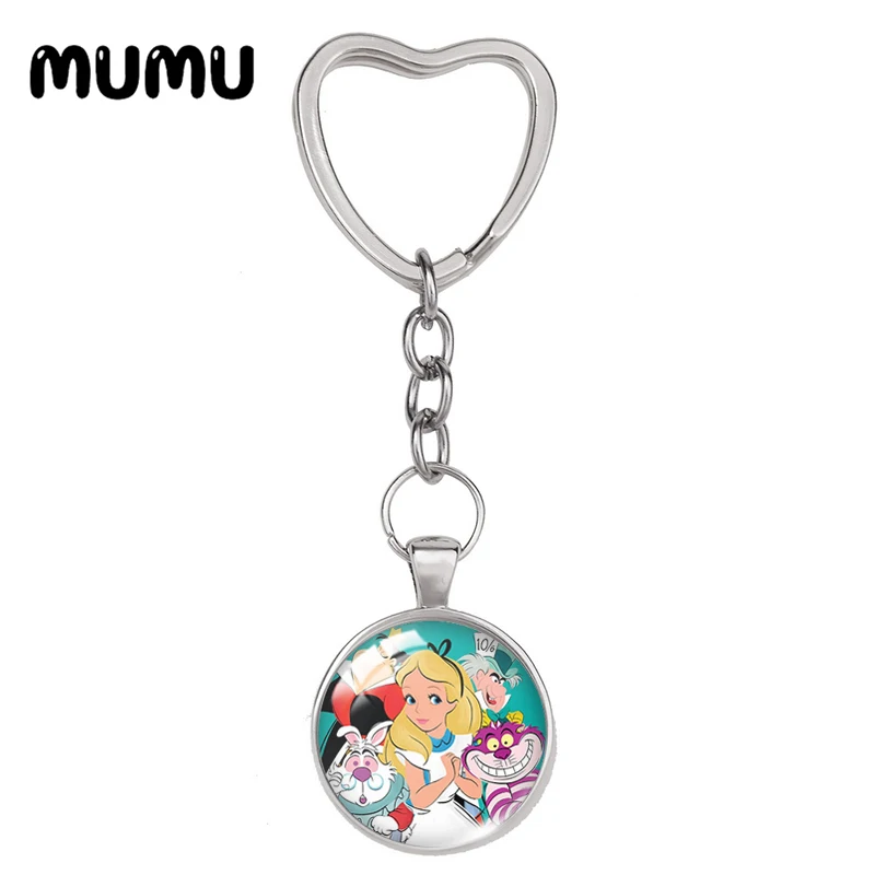 2024 New Alice in Wonderland Heart Keyring Cheshire Cat Keychain Glass Dome Cabochon Jewelry Gifts Children