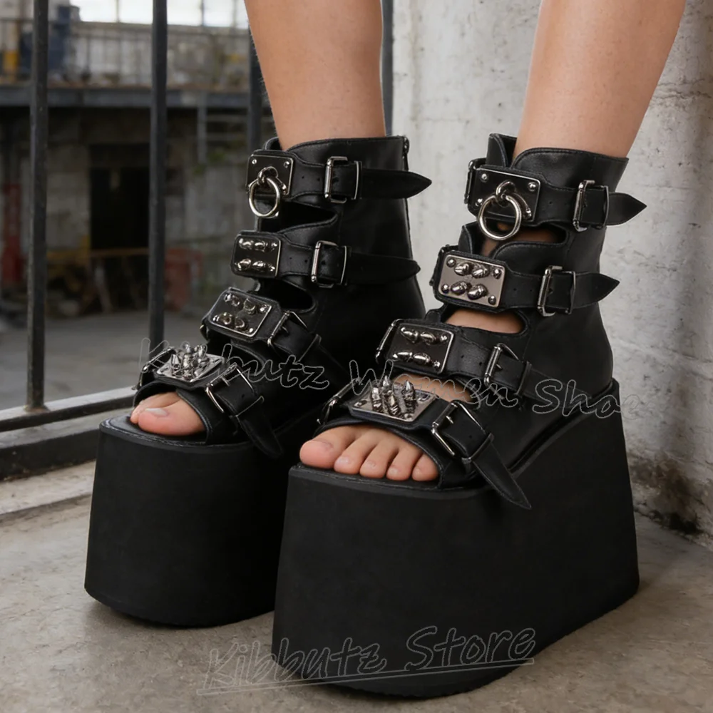 

Новые летние женские кожаные ботильоны-сандалии на платформе с металлическим декором, однотонные, с пряжкой, на круглой подошве, увеличивающие рост, класса люкс