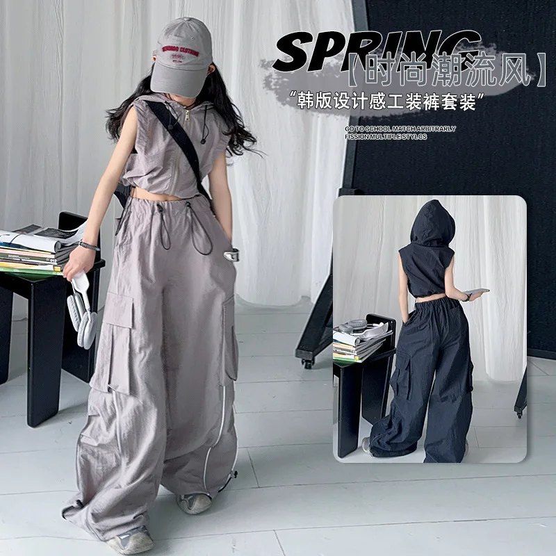 American teen girls sport clothes Set Design Hooded Zipper Sleeveless Top+Cargo pants 2pcs junior kids Casual suit child outfits